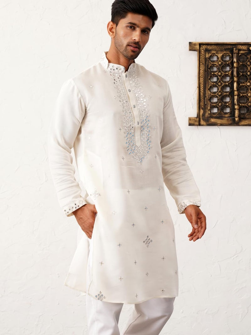 Jompers Men's White Embroidered Kurta Pyjama. (White, L) - Image 3