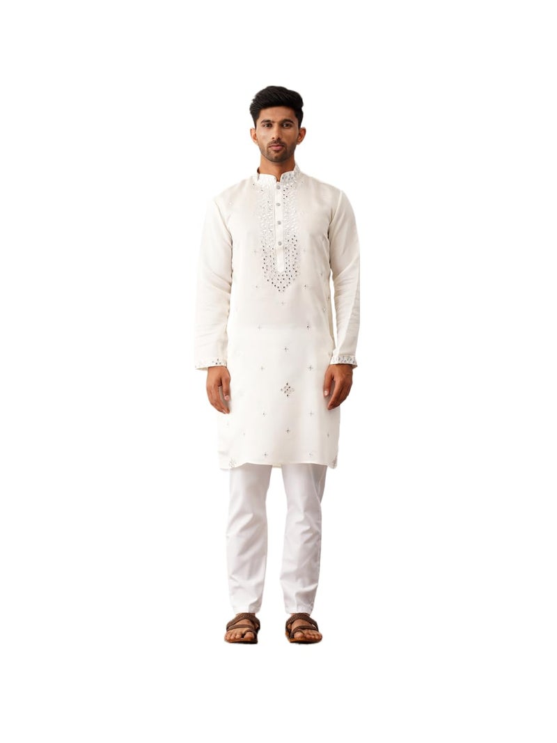 Jompers Men's White Embroidered Kurta Pyjama. (White, L) - Image 1
