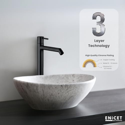 ENICET Wash Basin Tap, Matte Black, SS-304, Table Top Basin Tap, High Neck Pillar Cock, Black Taps for Bathroom, Tall Extended Body, Foam Flow (Round Black) - Image 3