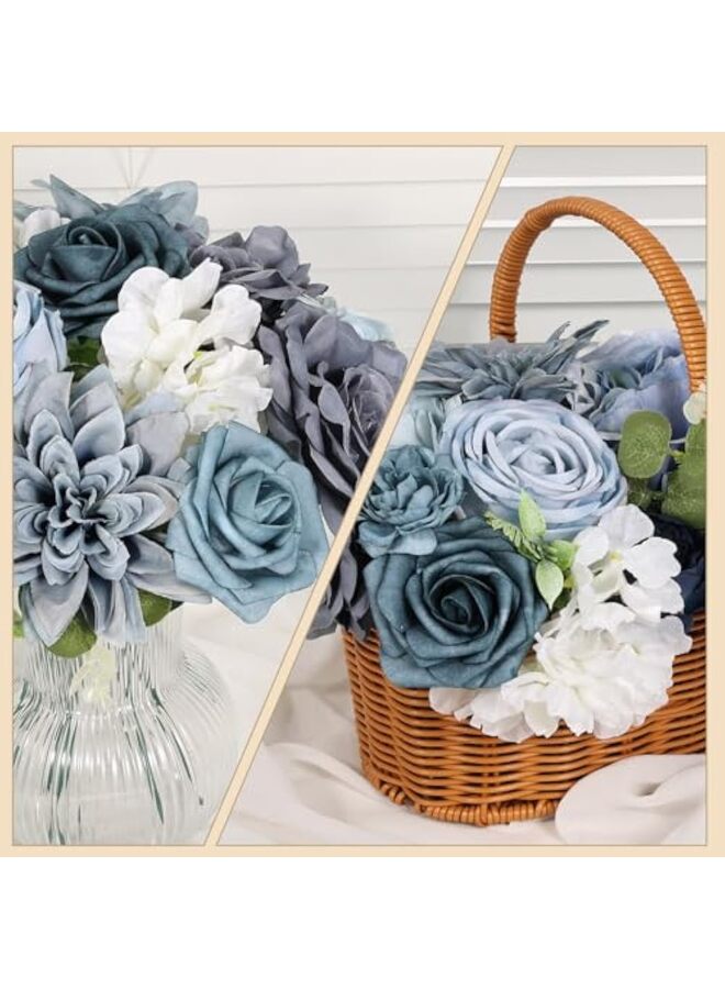 يُسلِّم زهور صناعية من Floweroyal، مزيج من الزهور الزرقاء، زهور حريرية، ورود داليا مع سيقان لتزيين باقات الزفاف DIY، تنسيق الزهور، زينة الطاولات، ديكورات المنزل - Image 5