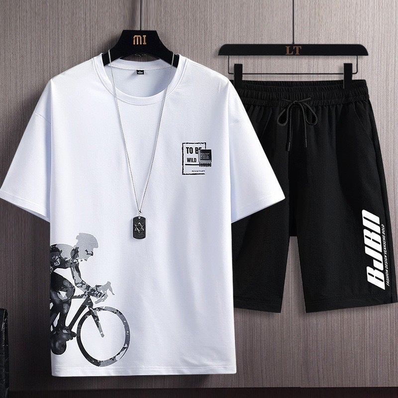 Mens Gradient Ice Silk Casual Sports Suit Bicycle-White-suit  - Image 1