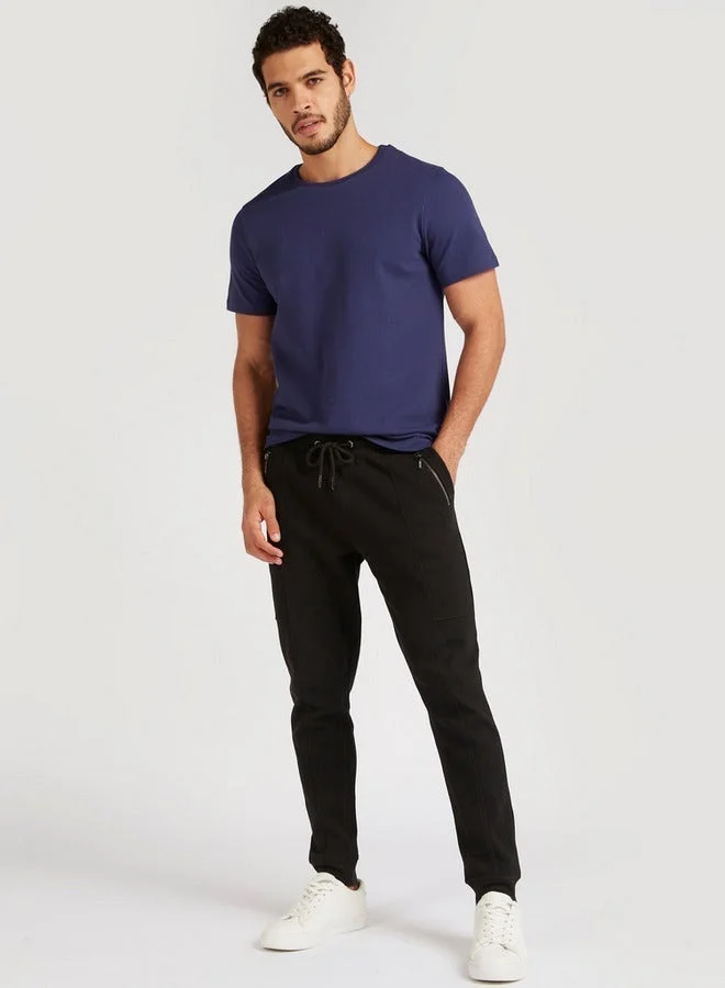 Iconic Iconic Textured Slim Fit T-shirt with Crew Neck and Short Sleeves