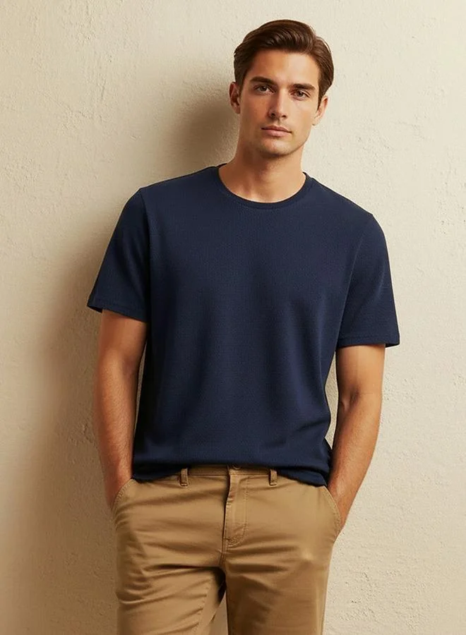 Iconic Textured Slim Fit T-shirt with Crew Neck and Short Sleeves