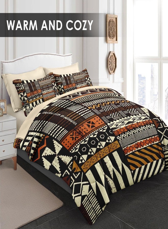 Pamnest Comforter Set King Size, Vintage Tribal African 7 Pcs Bedding for Kids and Adults, Brown Abstract Patchwork Bed Sheet Sets with Fitted Sheet 2 Pillowcases & 2 Shams - Image 2