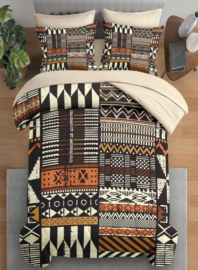 Pamnest Comforter Set King Size, Vintage Tribal African 7 Pcs Bedding for Kids and Adults, Brown Abstract Patchwork Bed Sheet Sets with Fitted Sheet 2 Pillowcases & 2 Shams - Image 1