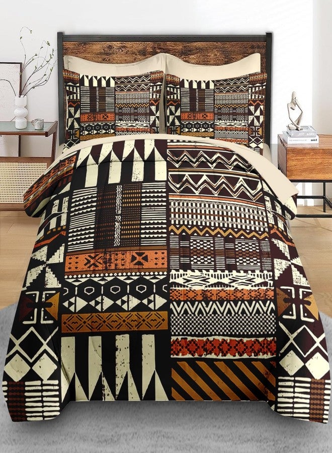 Pamnest Comforter Set King Size, Vintage Tribal African 7 Pcs Bedding for Kids and Adults, Brown Abstract Patchwork Bed Sheet Sets with Fitted Sheet 2 Pillowcases & 2 Shams - Image 3