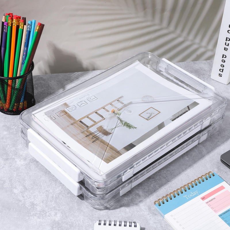 Mekueeex 4 Pack Clear Plastic File Boxes with Handle, Modern Style, Stackable, Water Resistant, A4 Letter File, Document, Photo, Scrapbook Storage - Image 5