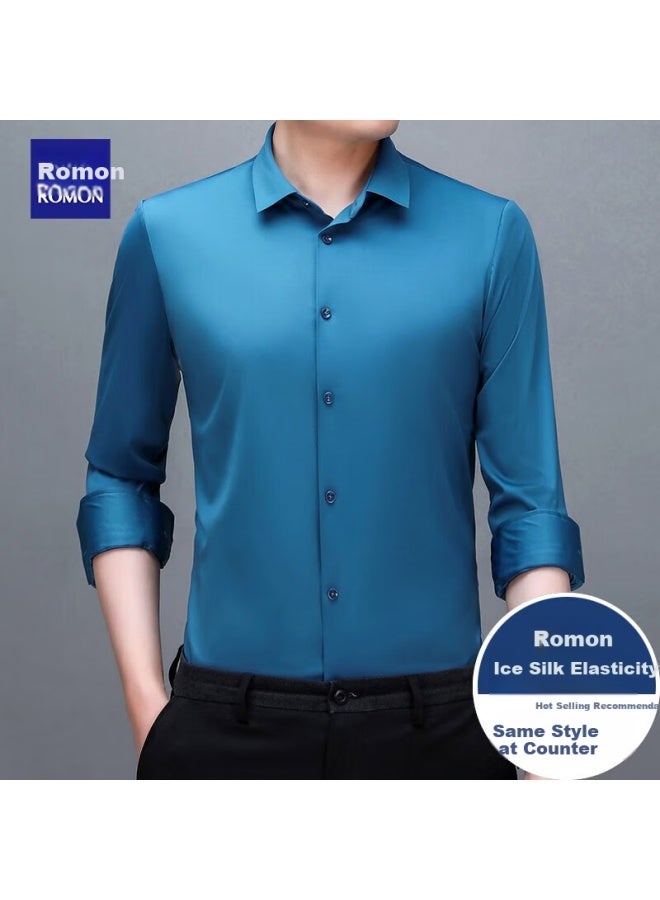 ROMON Luomeng Wrinkle-Free Dress Shirt For Men, Seamless Long-Sleeve Shirt, Solid Color Business Casual Elastic Undershirt For Young And Middle-Aged Men, Dad'S Wear - Image 2