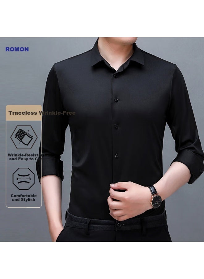 ROMON Luomeng Wrinkle-Free Dress Shirt For Men, Seamless Long-Sleeve Shirt, Solid Color Business Casual Elastic Undershirt For Young And Middle-Aged Men, Dad'S Wear - Image 1