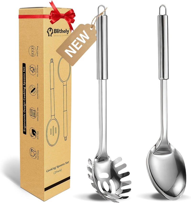 Blithely 2 Pack Stainless Steel Serving Spoon, Heat Resistant Kitchen Noodle Spoon for Cooking, Serving, Mixing and Spaghetti - Image 1