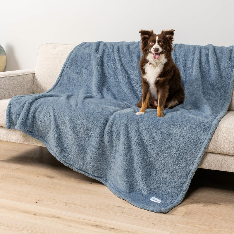 PetAmi Fluffy Waterproof Dog Blanket for Bed Large Dogs Soft Warm Pet Sherpa Throw Pee Proof Couch Cover Reversible Cat Blanket Sofa Crate Kennel Protector Washable Mat Dusty Blue 60x80