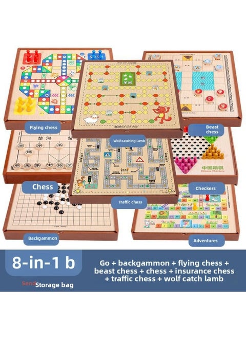 Multi-functional One Chessboard Flying Chess Checkers Backgammon Go Card Beasts Chess Children's Toys Foreign Trade-Color:Eight-in-one [large B] Jumping Five Flying Calendar Elephant Fighting Wolf Chess