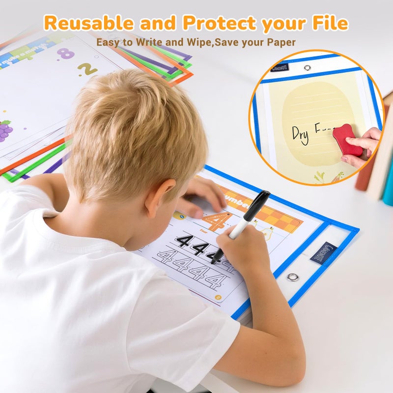Gamenote 30 Pack Dry Erase Pockets with 5 Rings, 10 Assorted Colors 10x14 Oversized Reusable Plastic Sleeves, Clear Sheet Protectors, Teacher Supplies for Classroom Organization - Image 3