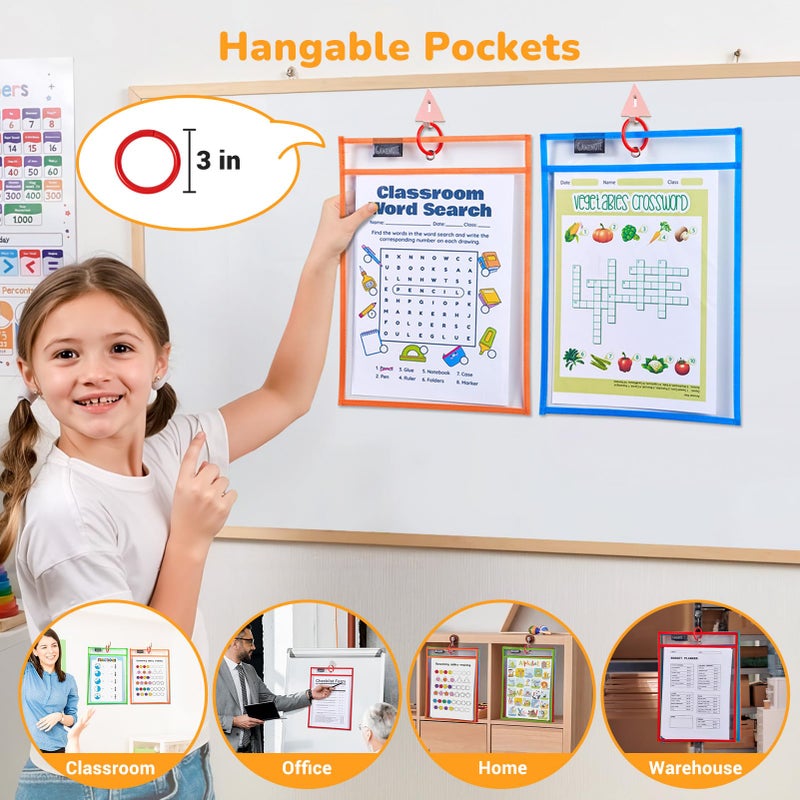 Gamenote 30 Pack Dry Erase Pockets with 5 Rings, 10 Assorted Colors 10x14 Oversized Reusable Plastic Sleeves, Clear Sheet Protectors, Teacher Supplies for Classroom Organization - Image 5