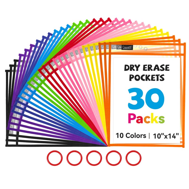 Gamenote 30 Pack Dry Erase Pockets with 5 Rings, 10 Assorted Colors 10x14 Oversized Reusable Plastic Sleeves, Clear Sheet Protectors, Teacher Supplies for Classroom Organization - Image 1