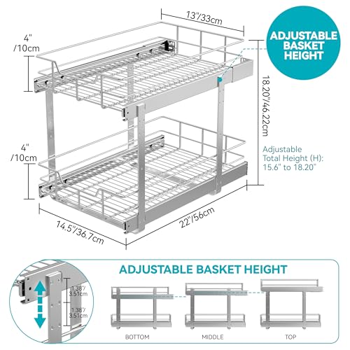 STORKING 2 Tier Pull Out Cabinet Organizer 14" W X 22" D, Slide Out Drawers For Kitchen Cabinets, Pull Out Drawers For Cabinets Capacity Heavy Duty Caddy, Cabinet Pullout Shelves Chrome-Plated,Bathroom Pantry - Image 2