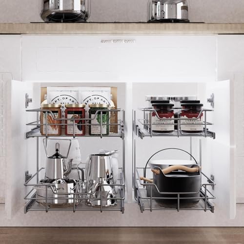STORKING 2 Tier Pull Out Cabinet Organizer 14" W X 22" D, Slide Out Drawers For Kitchen Cabinets, Pull Out Drawers For Cabinets Capacity Heavy Duty Caddy, Cabinet Pullout Shelves Chrome-Plated,Bathroom Pantry - Image 5
