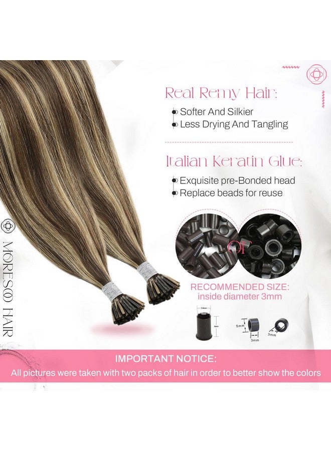 Moresoo I Tip Hair Extensions Human Hair Brown Itip Human Hair Extensions Highlight Dark Brown With Caramel Blonde I Tip Human Hair Extensions Strawberry Blonde For Wedding 20 Inch 50S/40G - Image 2