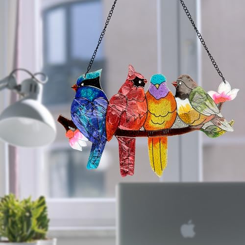 DASTOLL Stained Glass Window Hanging Large Suncatcher Stained Glass Birds on Branch Sun Catchers for Indoor Window Doors Room Home Decoration Hummingbird Gifts for Bird Lovers - Image 3