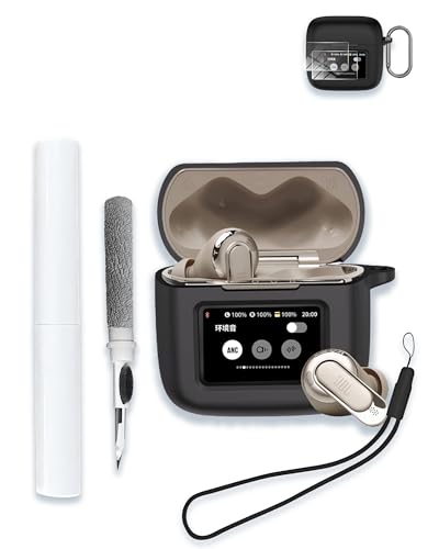 WUNIAK Case for JBL Tour Pro 3 - True Wireless Noise Cancelling Earbuds, Soft Silicone Protective Portable Scratch Shock Resistant with 2pack Screen Protector &Cleaner Kit & Carabiner & Lanyard，Black - Image 1