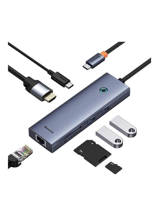 بيسوس موزع USB-C (7 في 1) مزود بتقنية 4K HDMI، توصيل طاقة 100 واط، إيثرنت RJ45، 2 USB-A 3.0، منافذ بيانات 5 جيجابت في الثانية، قارئ بطاقات microSD وSD، لأجهزة MacBook Air، وMacBook Pro، وXPS، وHuawei MateBook و أجهزة أخرى ذات منفذ من النوع C - Image 1