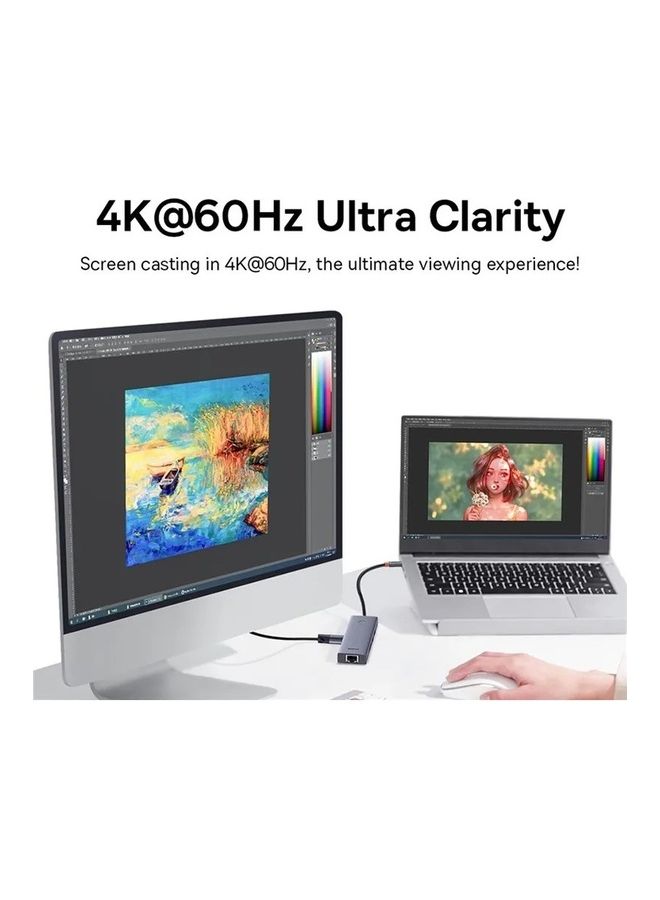 بيسوس موزع USB-C (7 في 1) مزود بتقنية 4K HDMI، توصيل طاقة 100 واط، إيثرنت RJ45، 2 USB-A 3.0، منافذ بيانات 5 جيجابت في الثانية، قارئ بطاقات microSD وSD، لأجهزة MacBook Air، وMacBook Pro، وXPS، وHuawei MateBook و أجهزة أخرى ذات منفذ من النوع C - Image 3
