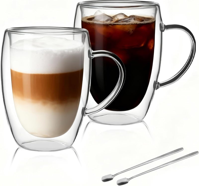 LIBWYS 2 Pack Double Walled Coffee Cups Glasses Mugs, 12oz Espresso Cappuccino Latte Tea Cups with Handle, Heat Resistant Borosilicate Clear Glasses 350ml - Image 1