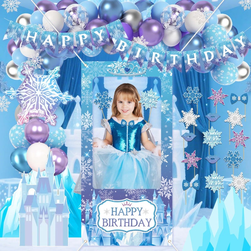 jenmir Frozen Birthday Decorations for Women,Happy Birthday Banner,Snowflake Foil Balloon,35 Blue Purple White Balloons,Photo Booth Props for Girls - Image 1