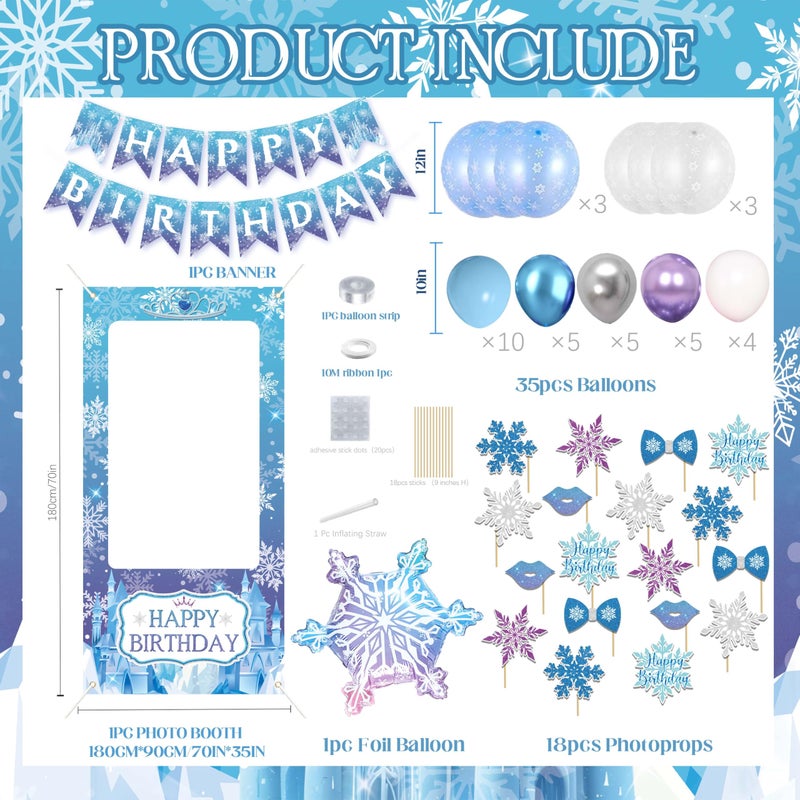 jenmir Frozen Birthday Decorations for Women,Happy Birthday Banner,Snowflake Foil Balloon,35 Blue Purple White Balloons,Photo Booth Props for Girls - Image 2
