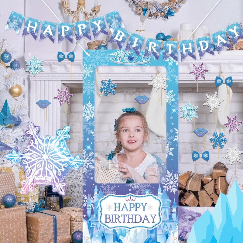 jenmir Frozen Birthday Decorations for Women,Happy Birthday Banner,Snowflake Foil Balloon,35 Blue Purple White Balloons,Photo Booth Props for Girls - Image 3