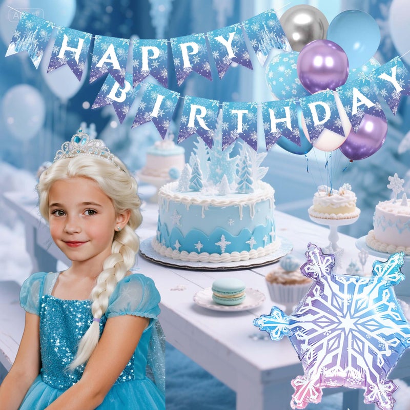 jenmir Frozen Birthday Decorations for Women,Happy Birthday Banner,Snowflake Foil Balloon,35 Blue Purple White Balloons,Photo Booth Props for Girls - Image 4