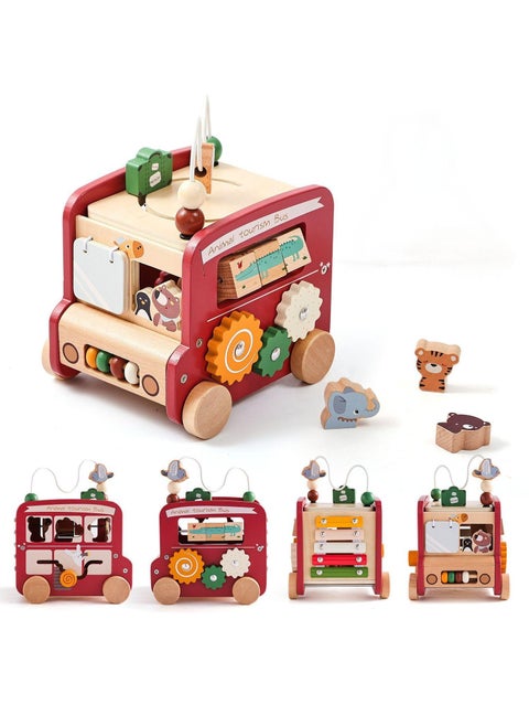 Kids' Educational puzzle activity cube Bus Toy, Shape - matching Building Blocks, Cognitive Xylophone, Bead - winding Rack, Wooden Busy Box, Red