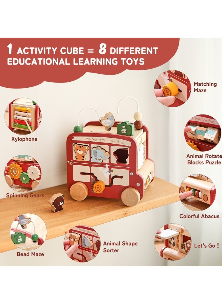 null - Kids' Educational puzzle activity cube Bus Toy, Shape - matching Building Blocks, Cognitive Xylophone, Bead - winding Rack, Wooden Busy Box, Red - Image 1