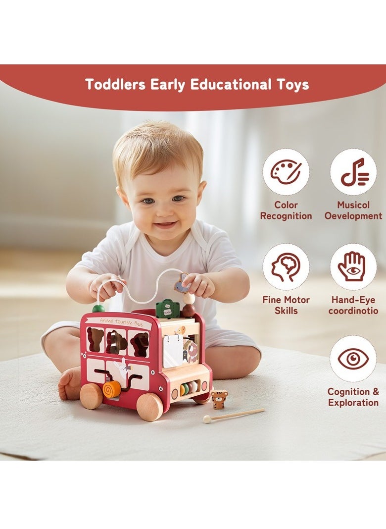 null - Kids' Educational puzzle activity cube Bus Toy, Shape - matching Building Blocks, Cognitive Xylophone, Bead - winding Rack, Wooden Busy Box, Red - Image 1