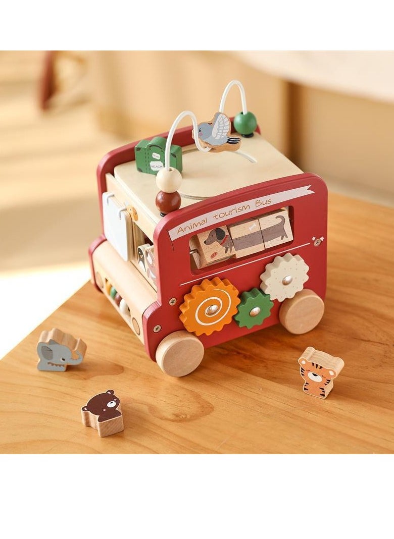 null - Kids' Educational puzzle activity cube Bus Toy, Shape - matching Building Blocks, Cognitive Xylophone, Bead - winding Rack, Wooden Busy Box, Red - Image 1