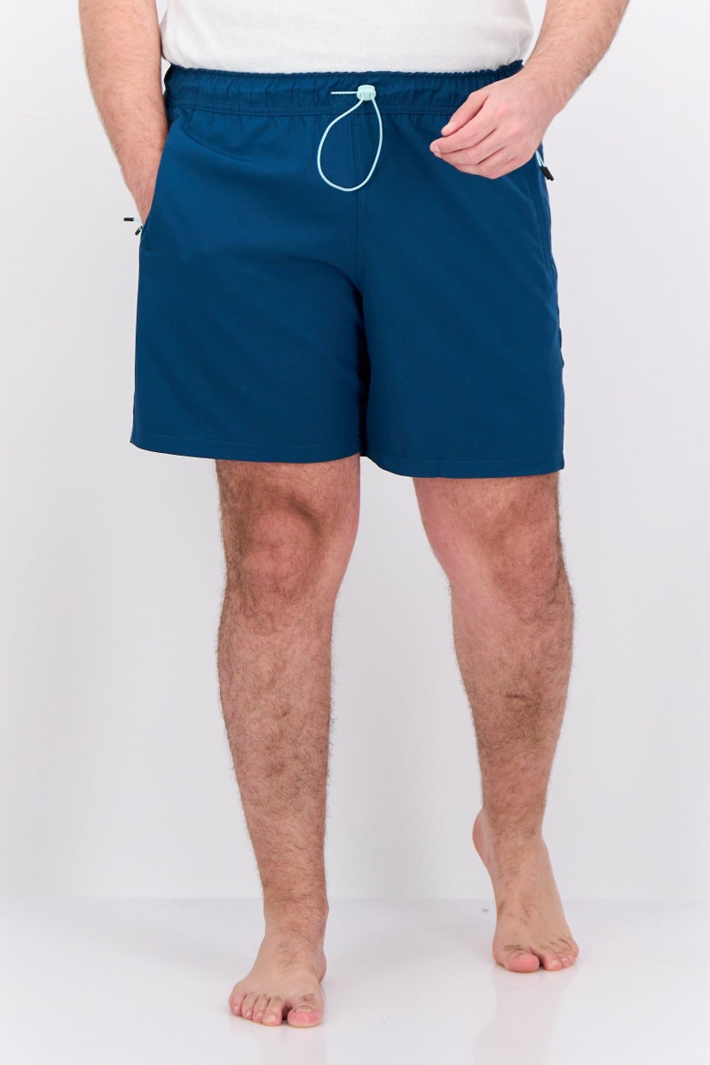 MOTION Men Drawstring Plain Board Shorts, Teal Blue - Image 1