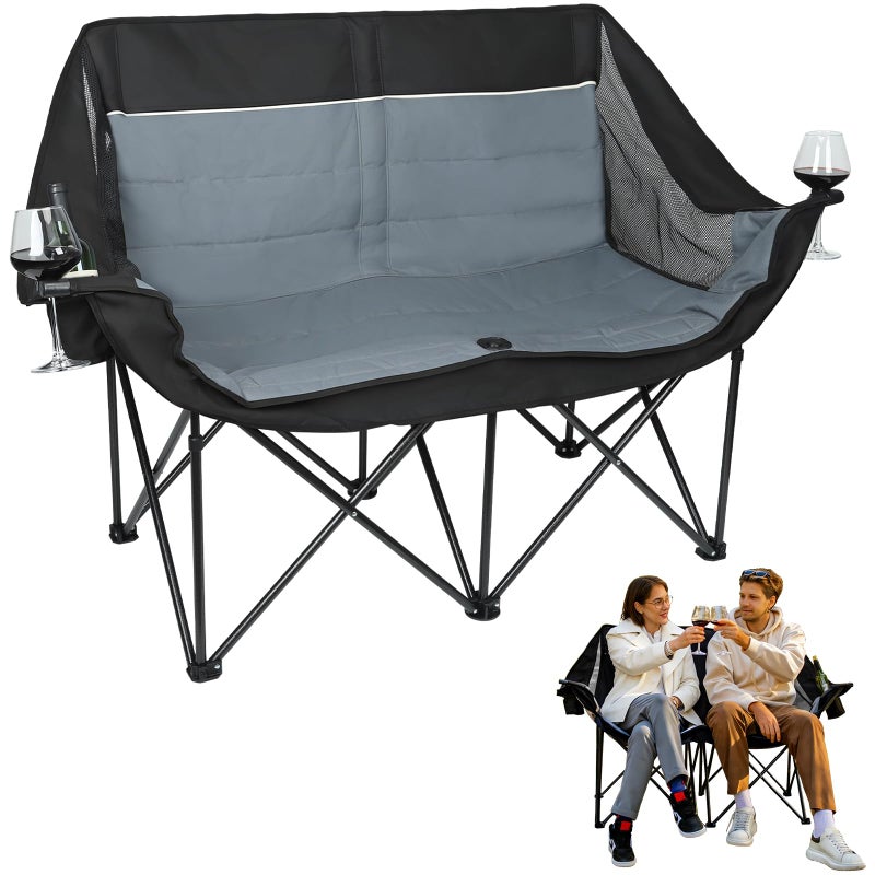 Leadpro Double Camping Chair for Adults - Heavy Duty 700LB Oversized Padded Camping Loveseat, 2 Person Folding Outdoor Chair with Cup Holders for Lawn, Backyard (Grey) - Image 1