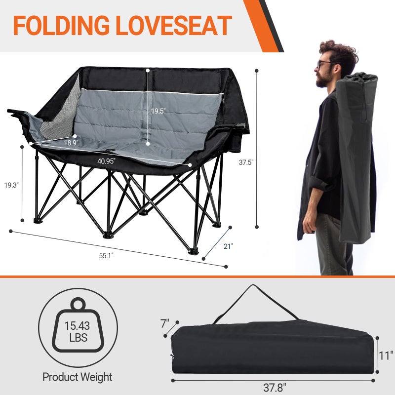 Leadpro Double Camping Chair for Adults - Heavy Duty 700LB Oversized Padded Camping Loveseat, 2 Person Folding Outdoor Chair with Cup Holders for Lawn, Backyard (Grey) - Image 2