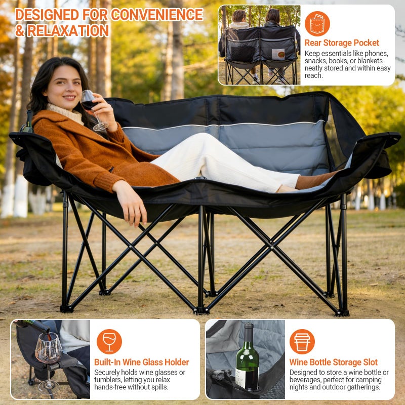 Leadpro Double Camping Chair for Adults - Heavy Duty 700LB Oversized Padded Camping Loveseat, 2 Person Folding Outdoor Chair with Cup Holders for Lawn, Backyard (Grey) - Image 5
