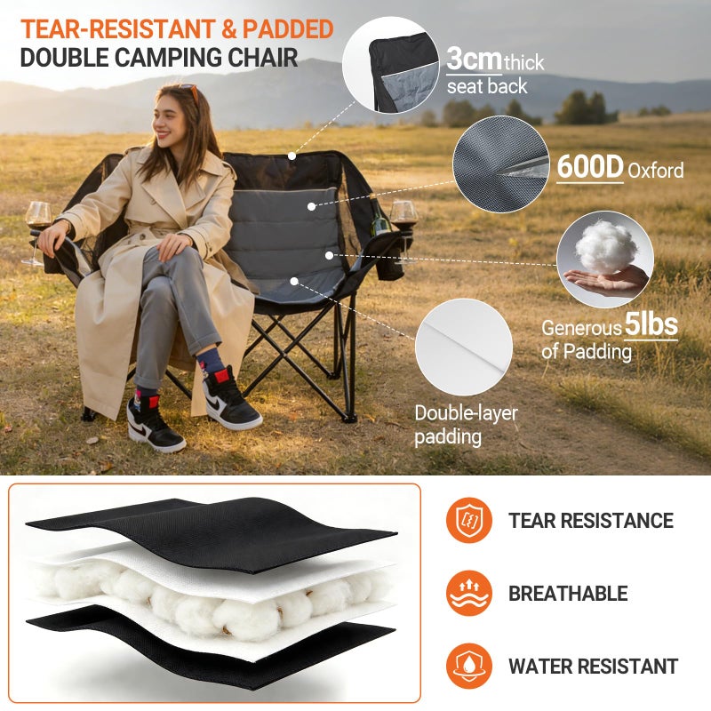 Leadpro Double Camping Chair for Adults - Heavy Duty 700LB Oversized Padded Camping Loveseat, 2 Person Folding Outdoor Chair with Cup Holders for Lawn, Backyard (Grey) - Image 3