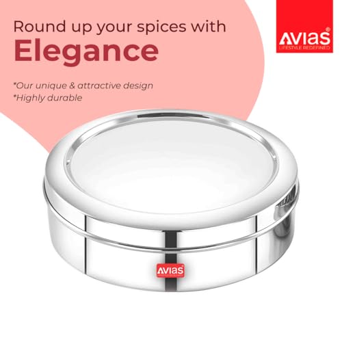 AVIAS Stainless Steel Spice Box/Masala Dabba/Spice Box for Kitchen/Anjarai Petti for Kitchen/Masala Box (Elegant Steel Lid - Medium) - Image 2