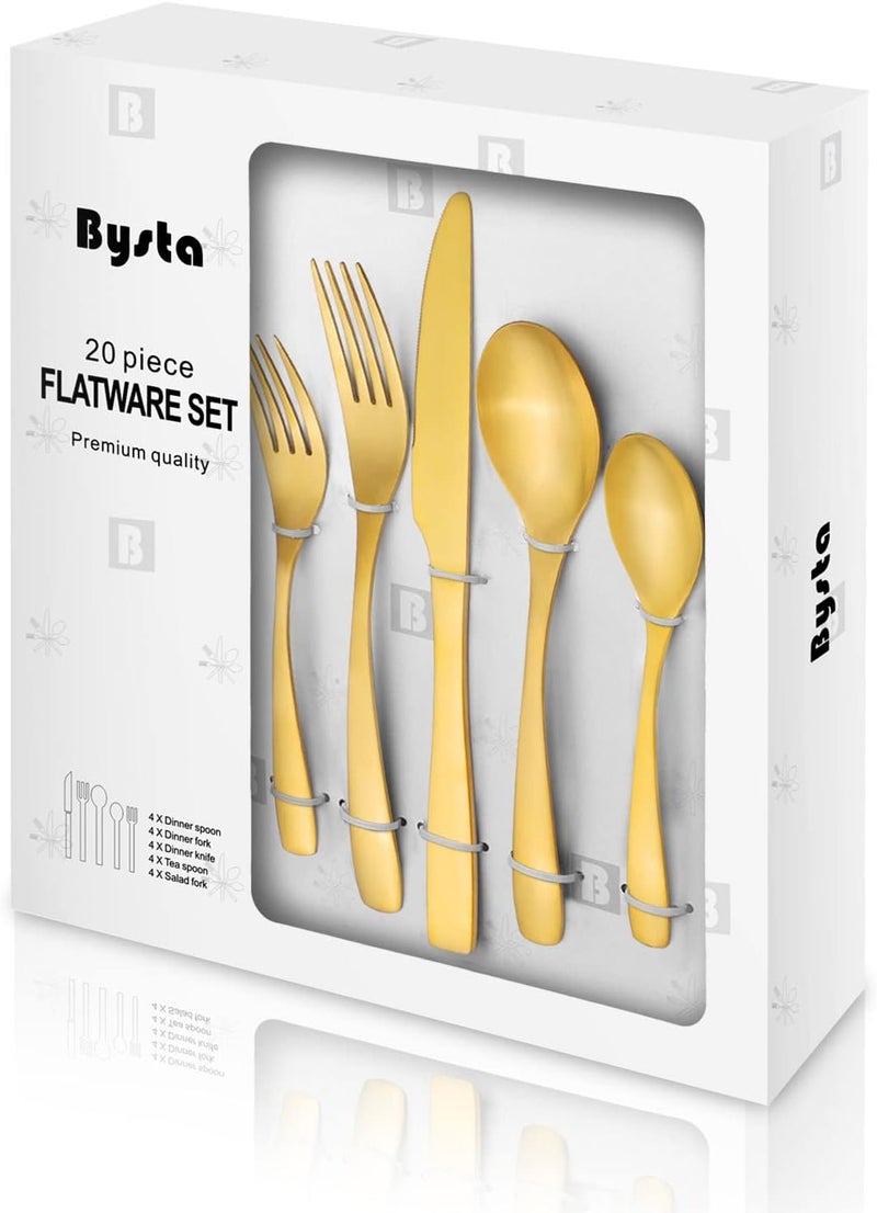 Bysta Matte Gold Silverware Set Bysta 20Piece Stainless Steel Flatware Cutlery Set for 4 Satin Finish Dishwasher Safe Nice Box Package - Image 1