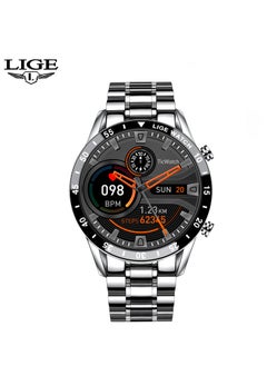LIGE Bluetooth Call Men Smart Watch Full Touch Screen Multi-Function Sports Watches IP67 Waterproof with Silver Steel Strap  - Image 1