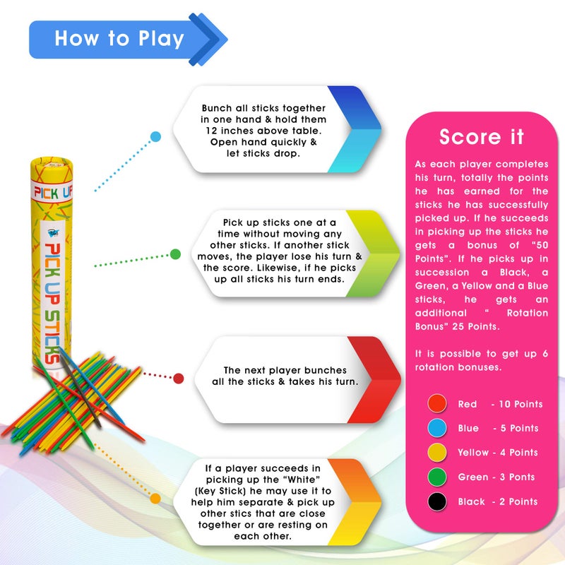 Point Games Pick Up Sticks Game: 30 Brightly Colored Plastic Pick Up Sticks In Storage Can  For All Ages! - Image 3
