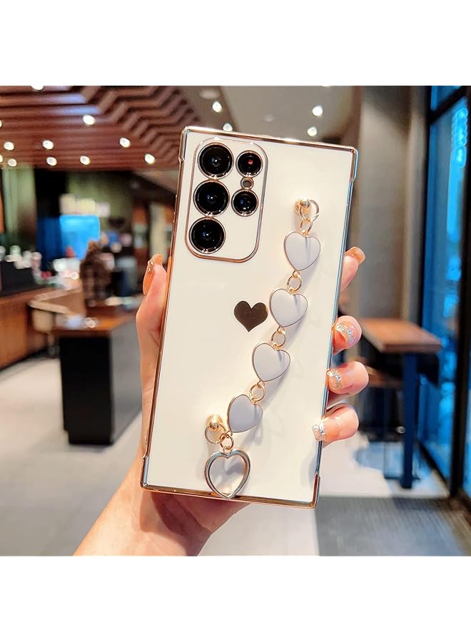erorex For Samsung Galaxy S23 Ultra Case Wrist Strap Design Luxury Bling Plating Soft Tpu Back Square Cover With Small Love Pattern Women Girls Case For Samsung Galaxy S23 Ultra S23 Ultra White - Image 4