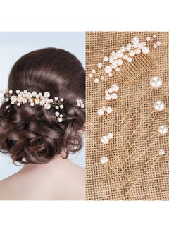 Geosar 9 Pieces Pearl Bride Wedding Hair Comb Pearl Hair Pins Set Bridal Side Comb U Shape Bridal Hair Clip Pearl Bobby Pins Updos Hair Piece Wedding Hair Accessories for Women Girls (Gold)  - Image 1