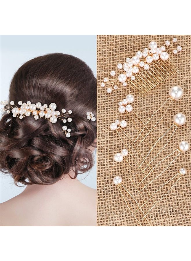 Geosar 9 Pieces Pearl Bride Wedding Hair Comb Pearl Hair Pins Set Bridal Side Comb U Shape Bridal Hair Clip Pearl Bobby Pins Updos Hair Piece Wedding Hair Accessories for Women Girls (Gold) - Image 1