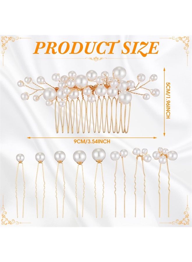 Geosar 9 Pieces Pearl Bride Wedding Hair Comb Pearl Hair Pins Set Bridal Side Comb U Shape Bridal Hair Clip Pearl Bobby Pins Updos Hair Piece Wedding Hair Accessories for Women Girls (Gold) - Image 3