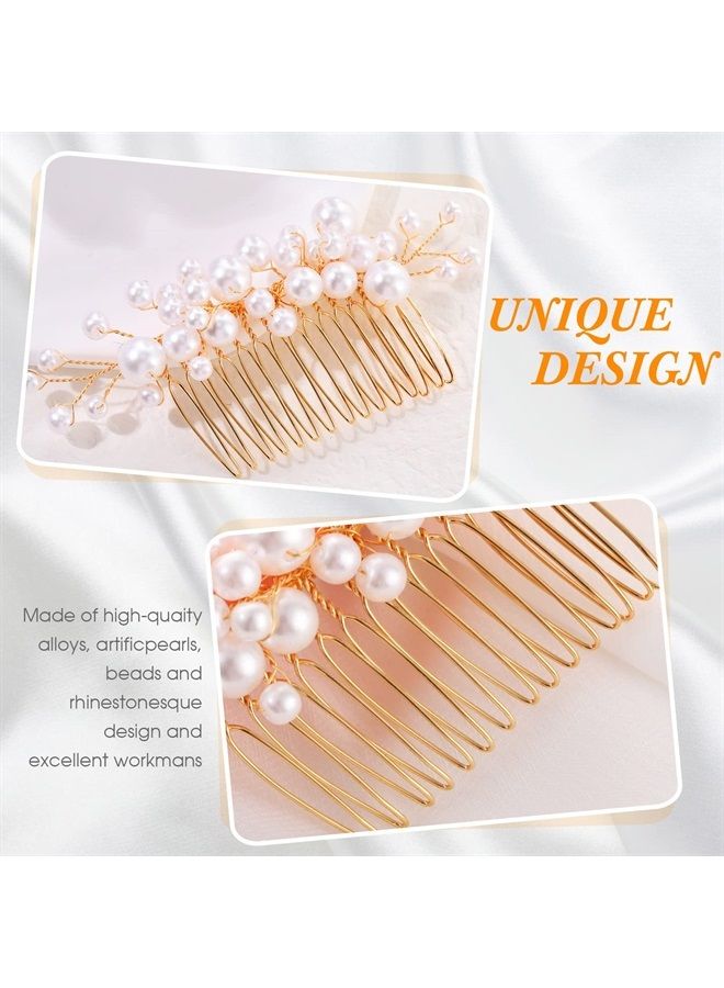 Geosar 9 Pieces Pearl Bride Wedding Hair Comb Pearl Hair Pins Set Bridal Side Comb U Shape Bridal Hair Clip Pearl Bobby Pins Updos Hair Piece Wedding Hair Accessories for Women Girls (Gold) - Image 4