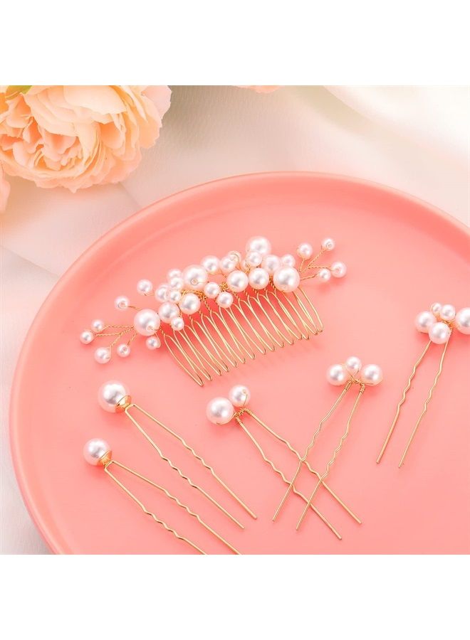 Geosar 9 Pieces Pearl Bride Wedding Hair Comb Pearl Hair Pins Set Bridal Side Comb U Shape Bridal Hair Clip Pearl Bobby Pins Updos Hair Piece Wedding Hair Accessories for Women Girls (Gold) - Image 2